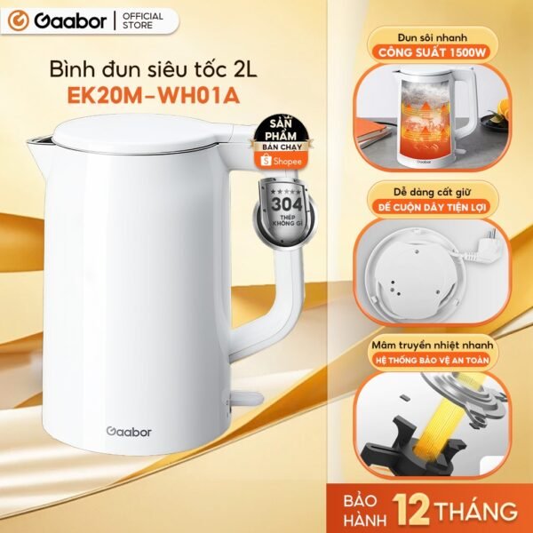 Bình đun siêu tốc Gaabor EK20M-WH01A dung tích lớn 2L công suất 1500W lòng ấm thép liền kề dễ vệ sinh an toàn